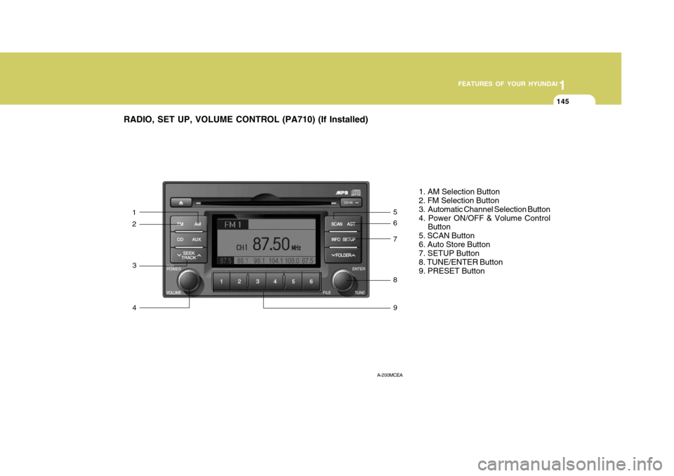 Hyundai Accent 2010  Owners Manual 1
FEATURES OF YOUR HYUNDAI
145145145145
RADIO, SET UP, VOLUME CONTROL (PA710) (If Installed)
1. AM Selection Button 2. FM Selection Button 
3. Automatic Channel Selection Button4. Power ON/OFF & Volum