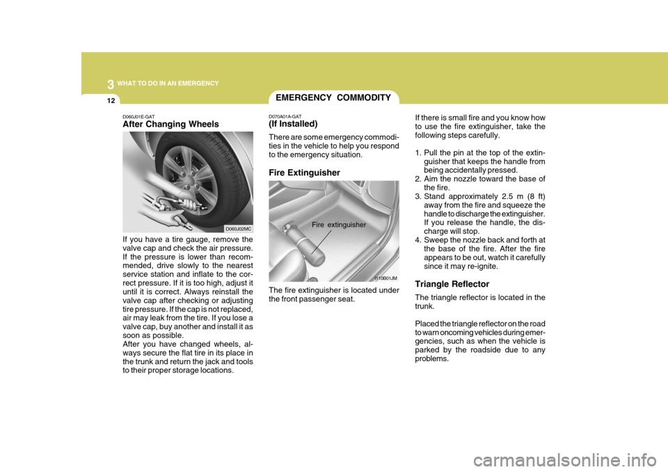Hyundai Accent 2010  Owners Manual 3 WHAT TO DO IN AN EMERGENCY
12
If there is small fire and you know how to use the fire extinguisher, take thefollowing steps carefully. 
1. Pull the pin at the top of the extin-guisher that keeps the