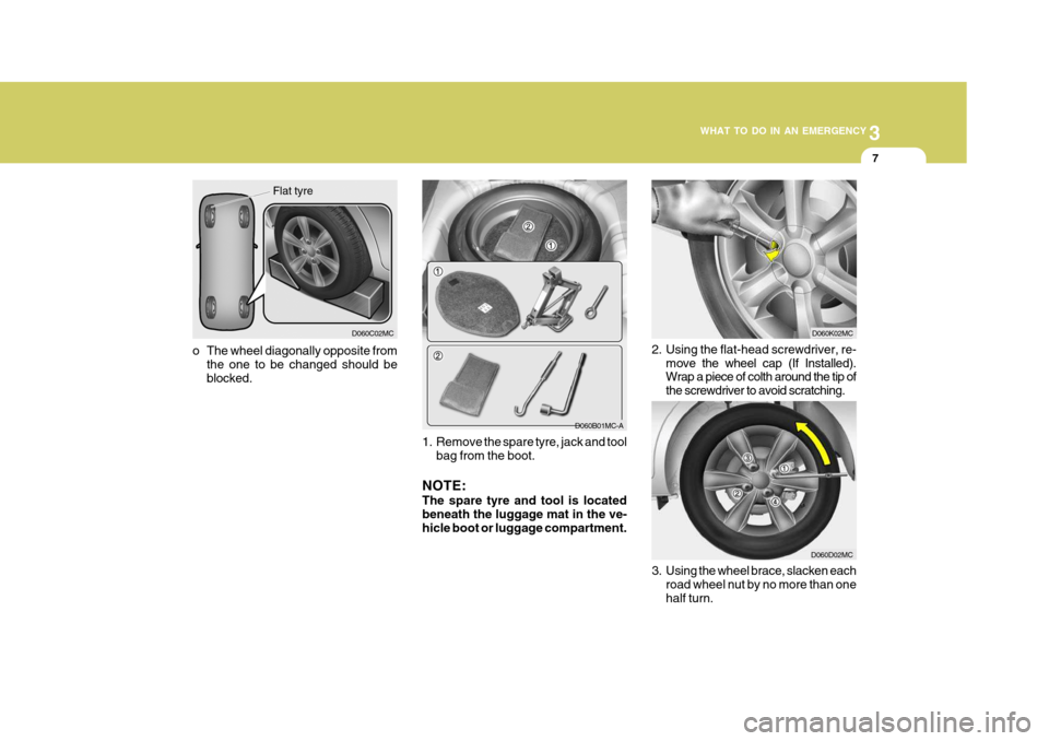 Hyundai Accent 2009  Owners Manual - RHD (UK. Australia) 3
WHAT TO DO IN AN EMERGENCY
7
D060B01MC-A
1. Remove the spare tyre, jack and tool bag from the boot.
NOTE: The spare tyre and tool is located beneath the luggage mat in the ve- hicle boot or luggage 
