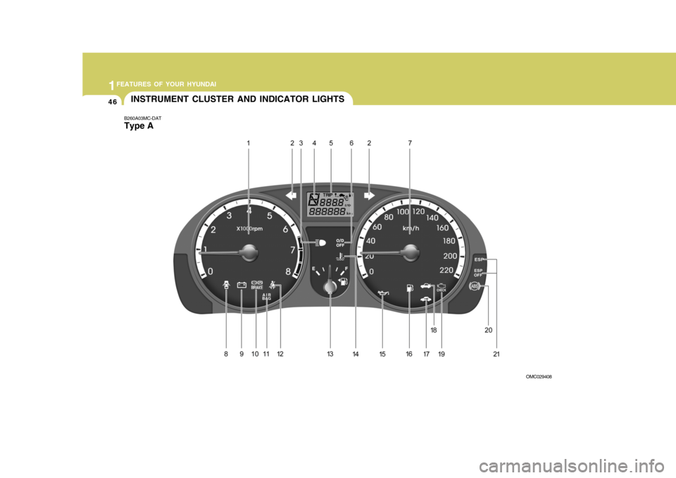 Hyundai Accent 2009  Owners Manual - RHD (UK. Australia) 1FEATURES OF YOUR HYUNDAI
46
B260A03MC-DAT Type AINSTRUMENT CLUSTER AND INDICATOR LIGHTS
OMC029408  