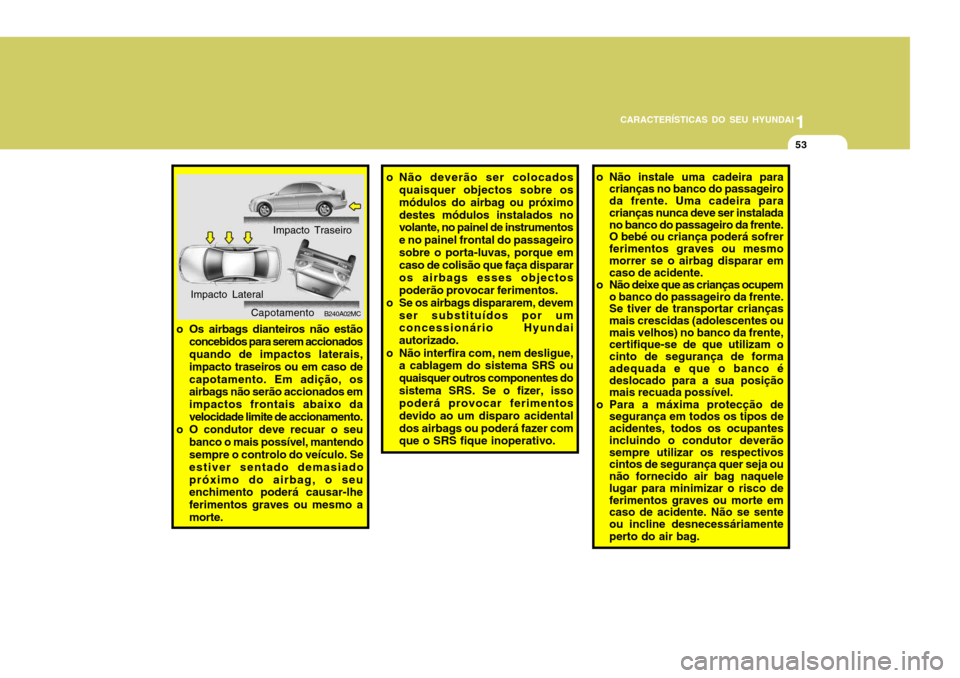 Hyundai Accent 2009 Manual do proprietário (in Portuguese) 1
CARACTERÍSTICAS DO SEU HYUNDAI
53
o Não deverão ser colocados
quaisquer objectos sobre os módulos do airbag ou próximodestes módulos instalados no volante, no painel de instrumentos e no paine Hyundai Accent 2009 Manual do proprietário (in Portuguese) 1
CARACTERÍSTICAS DO SEU HYUNDAI
53
o Não deverão ser colocados
quaisquer objectos sobre os módulos do airbag ou próximodestes módulos instalados no volante, no painel de instrumentos e no paine