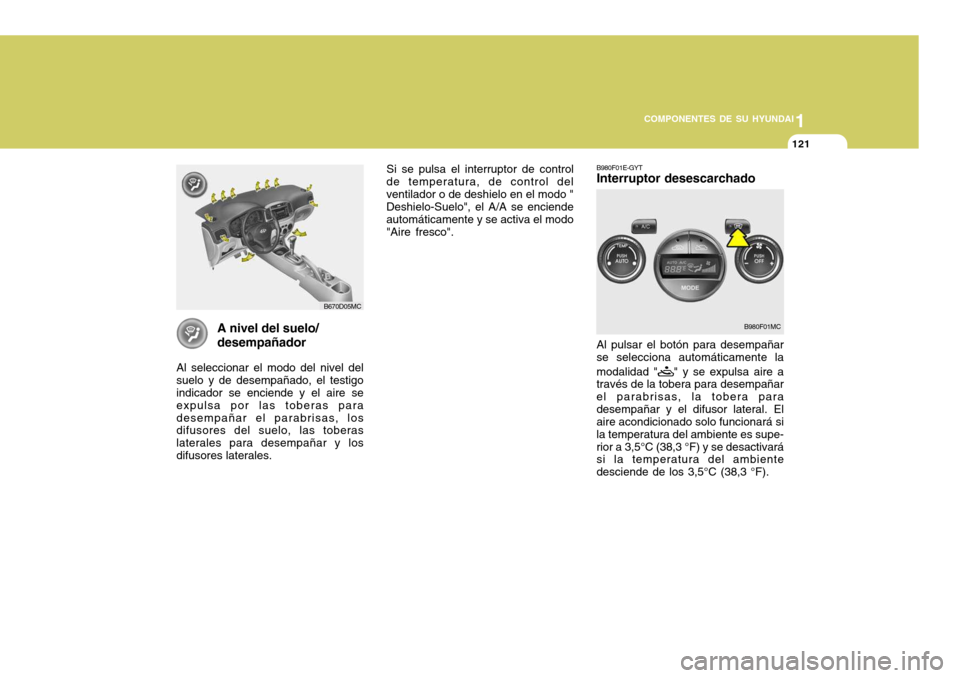 Hyundai Accent 2008  Manual del propietario (in Spanish) 1
COMPONENTES DE SU HYUNDAI
121
B980F01E-GYT Interruptor desescarchado Al pulsar el botón para desempañar se selecciona automáticamente la modalidad "
" y se expulsa aire a
través de la tobera par