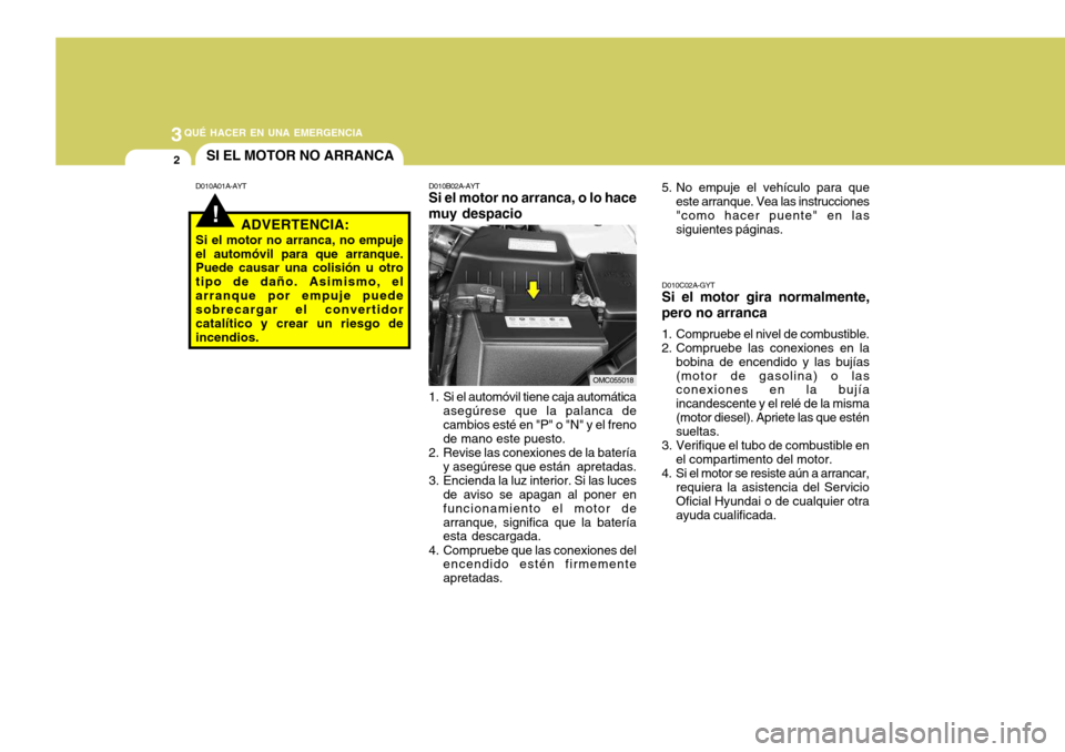 Hyundai Accent 2008  Manual del propietario (in Spanish) 3QUÉ HACER EN UNA EMERGENCIA
2
!
OMC055018
SI EL MOTOR NO ARRANCA
D010A01A-AYT D010B02A-AYT
Si el motor no arranca, o lo hace muy despacio
1. Si el automóvil tiene caja automática asegúrese que la