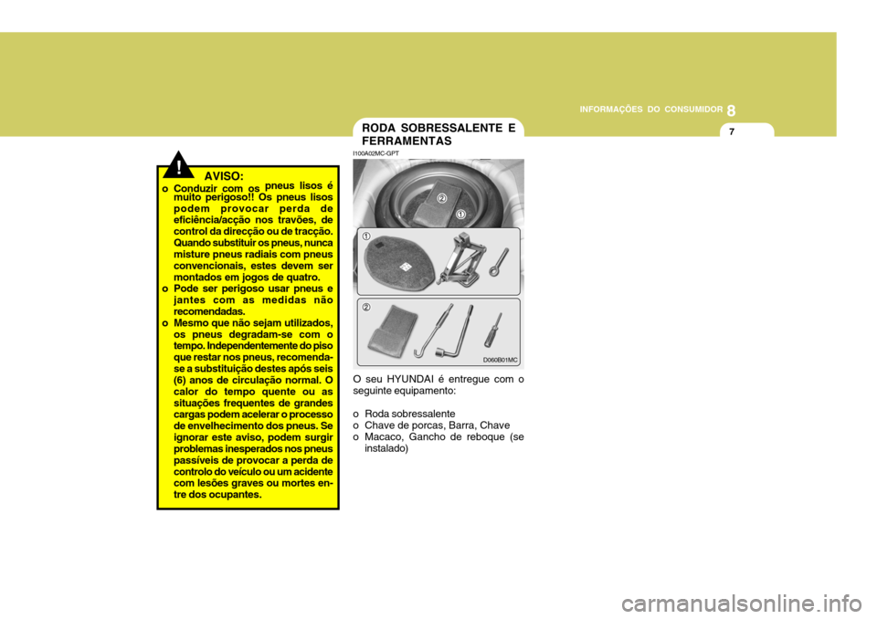Hyundai Accent 2008  Manual do proprietário (in Portuguese) 8
INFORMAÇÕES DO CONSUMIDOR
7RODA SOBRESSALENTE E FERRAMENTAS
!
I100A02MC-GPT
O seu HYUNDAI é entregue com o seguinte equipamento:
o Roda sobressalente 
o Chave de porcas, Barra, Chave 
o Macaco, G
