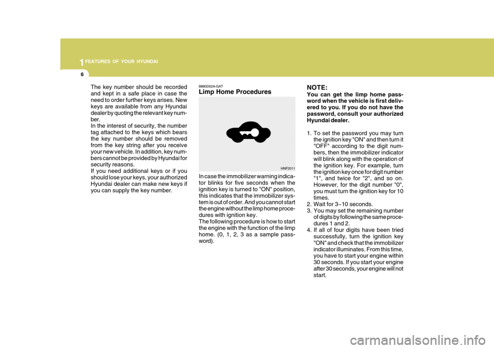 Hyundai Accent 2007  Owners Manual 1FEATURES OF YOUR HYUNDAI
6
NOTE: You can get the limp home pass- word when the vehicle is first deliv- ered to you. If you do not have thepassword, consult your authorized Hyundai dealer. 
1. To set 