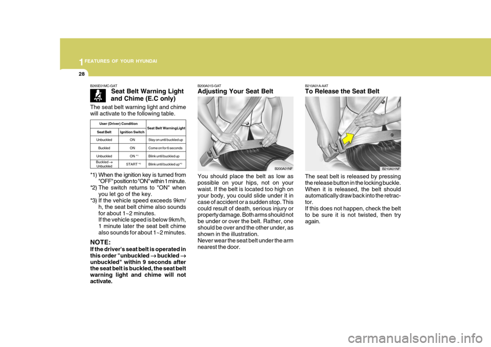 Hyundai Accent 2007 Owners Manual 1FEATURES OF YOUR HYUNDAI
28
*1) When the ignition key is turned from"OFF" position to "ON" within 1 minute.
*2) The switch returns to "ON" when you let go of the key.
*3) If the vehicle speed exceeds Hyundai Accent 2007 Owners Manual 1FEATURES OF YOUR HYUNDAI
28
*1) When the ignition key is turned from"OFF" position to "ON" within 1 minute.
*2) The switch returns to "ON" when you let go of the key.
*3) If the vehicle speed exceeds