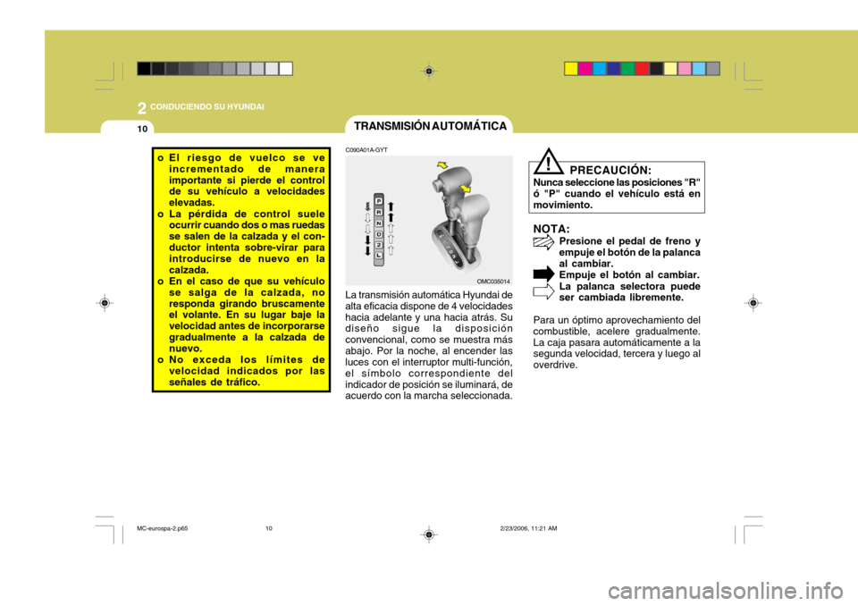 Hyundai Accent 2007 Manual del propietario (in Spanish) 2 CONDUCIENDO SU HYUNDAI
10
OMC035014
TRANSMISIÓN
AUTOMÁTICA
NOTA:Presione el pedal de freno y empuje el botón de la palancaal cambiar.Empuje el botón al cambiar. La palanca selectora puede ser c Hyundai Accent 2007 Manual del propietario (in Spanish) 2 CONDUCIENDO SU HYUNDAI
10
OMC035014
TRANSMISIÓN
AUTOMÁTICA
NOTA:Presione el pedal de freno y empuje el botón de la palancaal cambiar.Empuje el botón al cambiar. La palanca selectora puede ser c