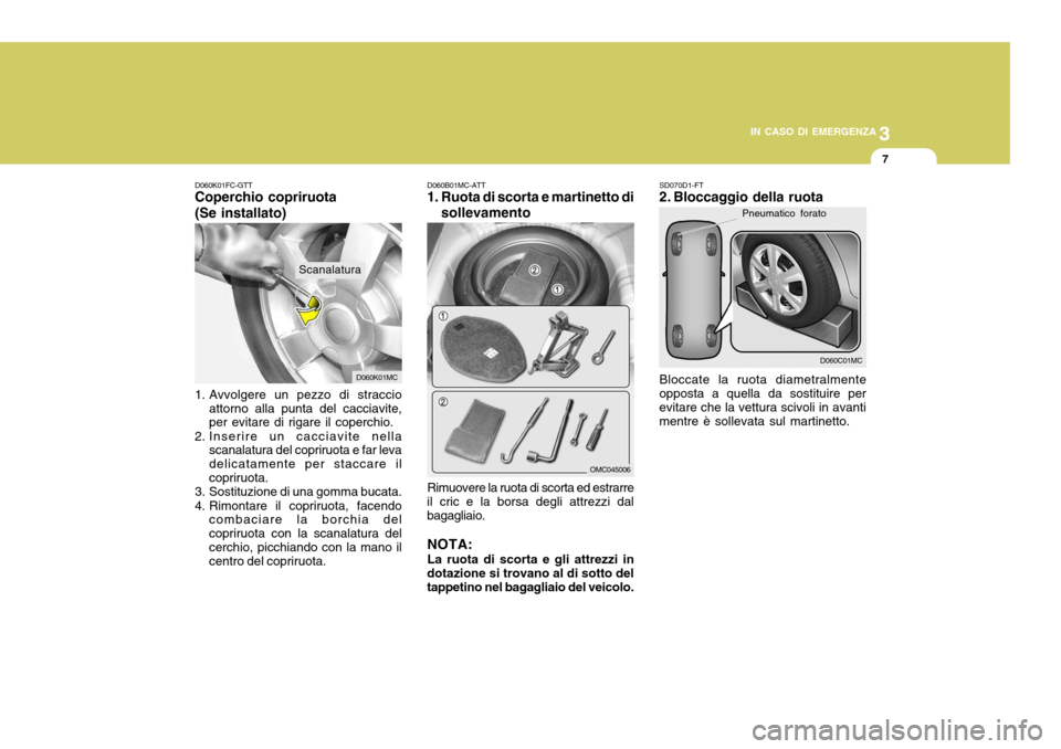 Hyundai Accent 2007  Manuale del proprietario (in Italian) 3
IN CASO DI EMERGENZA
7
D060C01MC
D060B01MC-ATT 
1. Ruota di scorta e martinetto di
sollevamento
Rimuovere la ruota di scorta ed estrarre
il cric e la borsa degli attrezzi dal bagagliaio.
NOTA: La ru
