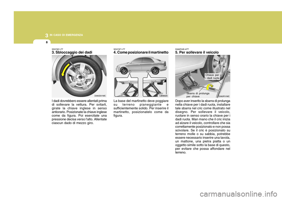 Hyundai Accent 2007  Manuale del proprietario (in Italian) 3 IN CASO DI EMERGENZA
8
SD070F1-FT 
4. Come posizionare il martinetto
La base del martinetto deve poggiare
su terreno pianeggiante e sufficientemente solido. Per inserire ilmartinetto, posizionatelo 