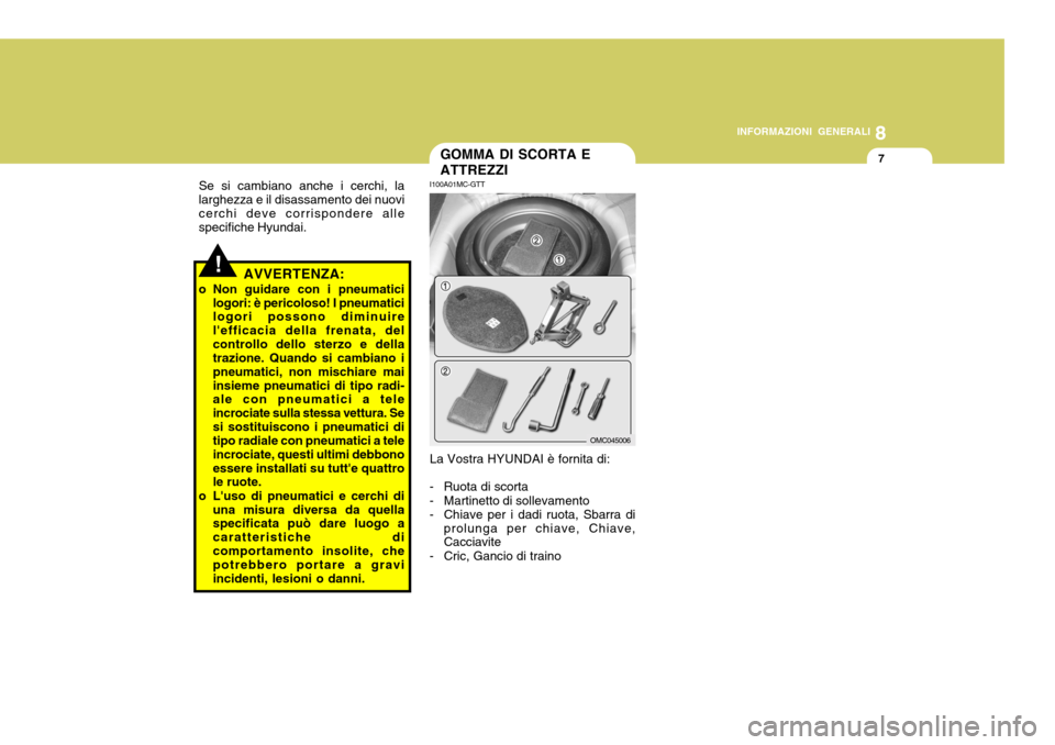 Hyundai Accent 2007  Manuale del proprietario (in Italian) 8
INFORMAZIONI GENERALI
7GOMMA DI SCORTA E ATTREZZI
I100A01MC-GTT
La Vostra HYUNDAI è fornita di:
- Ruota di scorta 
- Martinetto di sollevamento 
- Chiave per i dadi ruota, Sbarra di prolunga per ch