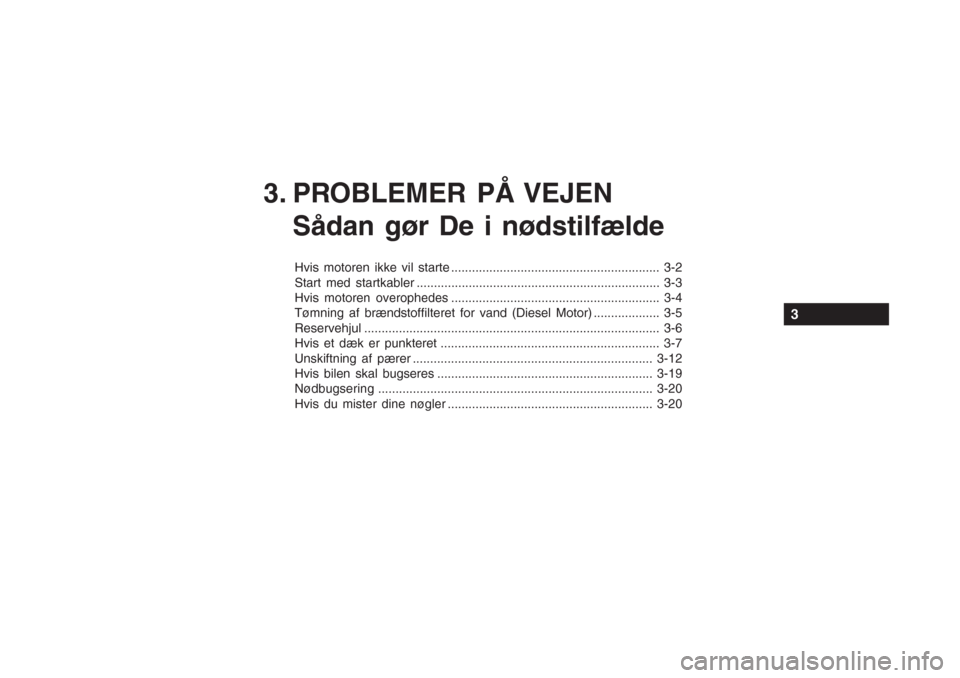 Hyundai Accent 2006  Instruktionsbog (in Danish) 3. PROBLEMER PÅ VEJENSådan gør De i nødstilfælde
Hvis motoren ikke vil starte ............................................................ 3-2 
Start med startkabler .............................