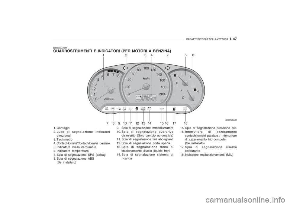 Hyundai Accent 2006  Manuale del proprietario (in Italian) CARATTERISTICHE DELLA VETTURA   1- 47
B260B03A-GTT QUADROSTRUMENTI E INDICATORI (PER MOTORI A BENZINA)
1. Contagiri 
2. Luce di segnalazione indicatori direzionali
3. Tachimetro
4. Contachilometri/Con