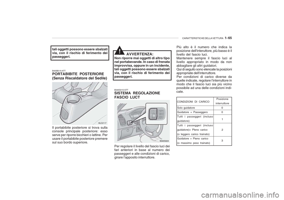 Hyundai Accent 2006 Manuale del proprietario (in Italian) CARATTERISTICHE DELLA VETTURA 1- 65
B340G01S-GTT SISTEMA REGOLAZIONE FASCIO LUCT
B450B01A-ATT PORTABIBITE POSTERIORE (Senza Riscaldatore del Sedile) Il portabibite posteriore si trova sulla console Hyundai Accent 2006 Manuale del proprietario (in Italian) CARATTERISTICHE DELLA VETTURA 1- 65
B340G01S-GTT SISTEMA REGOLAZIONE FASCIO LUCT
B450B01A-ATT PORTABIBITE POSTERIORE (Senza Riscaldatore del Sedile) Il portabibite posteriore si trova sulla console