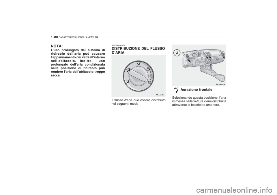 Hyundai Accent 2006  Manuale del proprietario (in Italian) 1- 80  CARATTERISTICHE DELLA VETTURA
B670D03A-ATT DISTRIBUZIONE DEL FLUSSO DARIA
Il flusso daria può essere distribuito nei seguenti modi: Aerazione frontale
Selezionando questa posizione, laria i