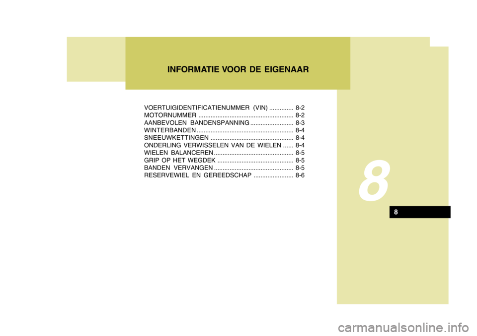 Hyundai Accent 2006  Handleiding (in Dutch) VOERTUIGIDENTIFICATIENUMMER (VIN).............. 8-2
MOTORNUMMER ....................................................... 8-2
AANBEVOLEN BANDENSPANNING ......................... 8-3
WINTERBANDEN .......