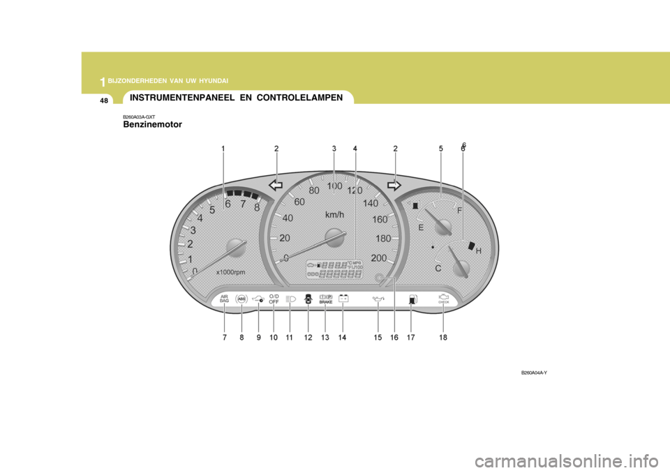 Hyundai Accent 2006  Handleiding (in Dutch) 1BIJZONDERHEDEN VAN UW HYUNDAI
48INSTRUMENTENPANEEL EN CONTROLELAMPEN
B260A03A-GXT Benzinemotor
B260A04A-Y
6  