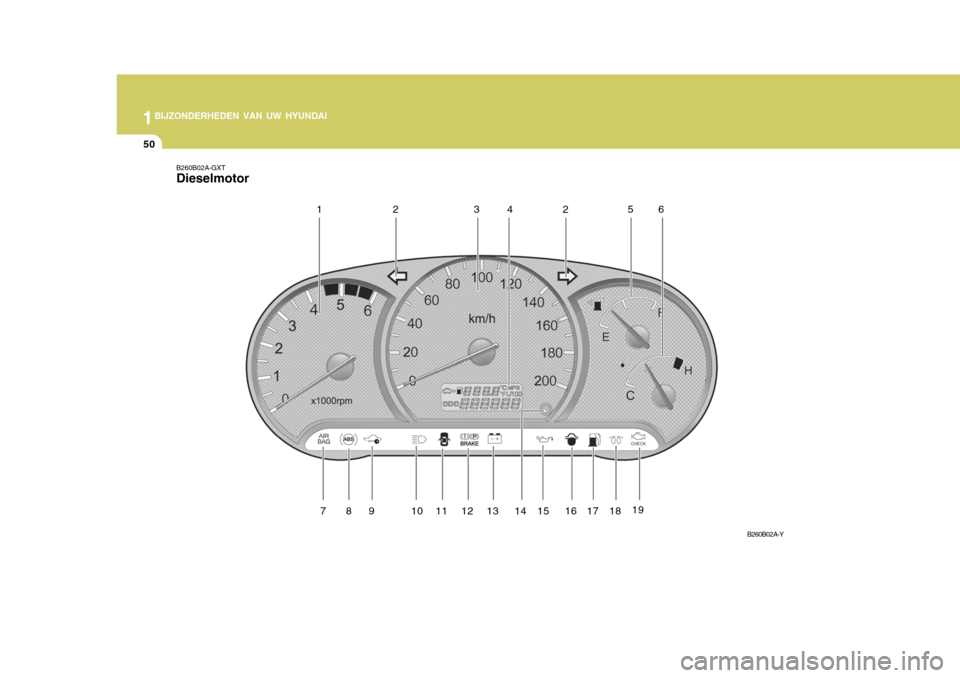 Hyundai Accent 2006  Handleiding (in Dutch) 1BIJZONDERHEDEN VAN UW HYUNDAI
50
B260B02A-GXT Dieselmotor
B260B02A-Y
12 3
4 56
789 1 0111 2131 4151 6171 8
2
19  