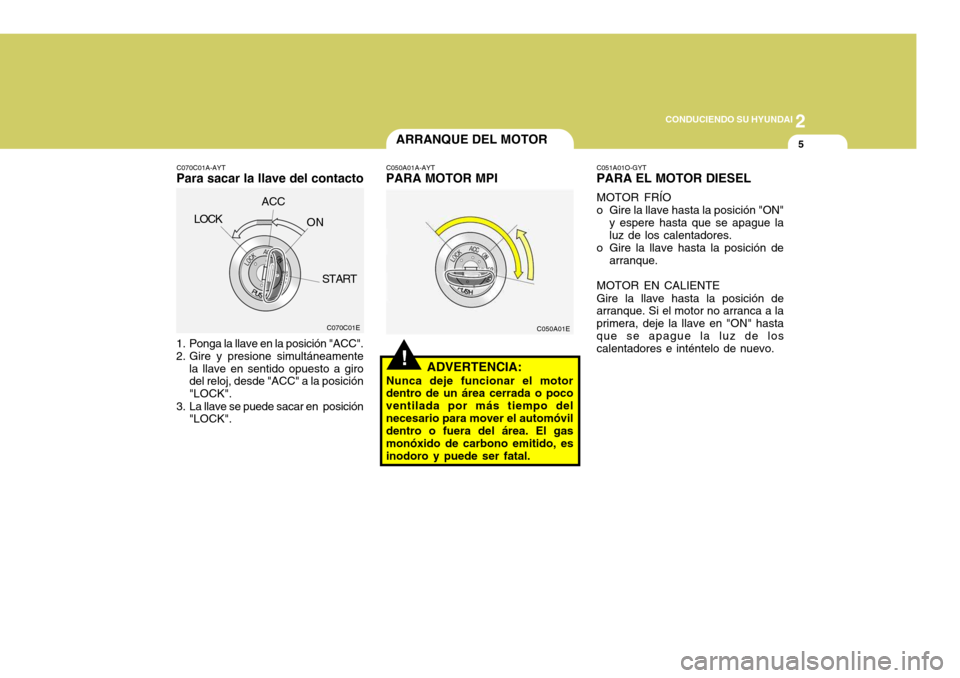 Hyundai Accent 2005  Manual del propietario (in Spanish) 2
CONDUCIENDO SU HYUNDAI
5ARRANQUE DEL MOTOR
1. Ponga la llave en la posición "ACC". 
2. Gire y presione simultáneamente
la llave en sentido opuesto a giro del reloj, desde "ACC" a la posición "LOC