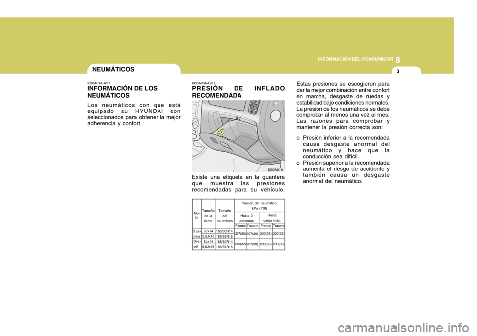 Hyundai Accent 2005  Manual del propietario (in Spanish) 8
INFORMACIÓN DEL CONSUMIDOR
3NEUMÁTICOS
I020A01A-AYT INFORMACIÓN DE LOS NEUMÁTICOS Los neumáticos con que está equipado su HYUNDAI sonseleccionados para obtener la mejor adherencia y confort. I