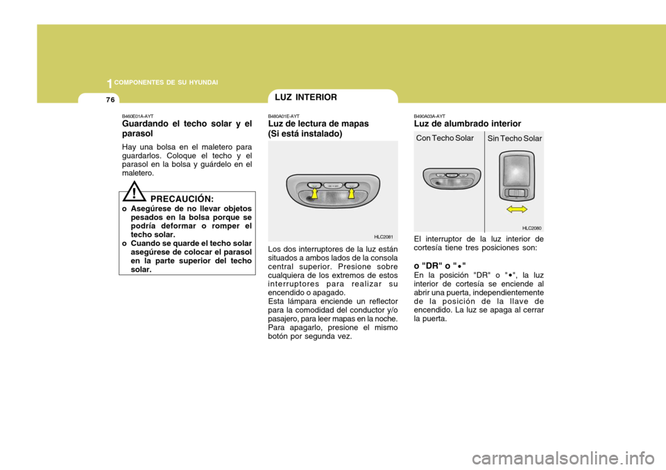 Hyundai Accent 2005  Manual del propietario (in Spanish) 1COMPONENTES DE SU HYUNDAI
76
HLC2080
B480A01E-AYT Luz de lectura de mapas (Si está instalado) Los dos interruptores de la luz están
situados a ambos lados de la consola central superior. Presione s