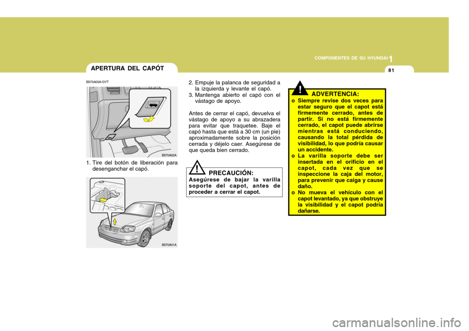 Hyundai Accent 2005  Manual del propietario (in Spanish) 1
COMPONENTES DE SU HYUNDAI
81
2. Empuje la palanca de seguridad a la izquierda y levante el capó.
3. Mantenga abierto el capó con el vástago de apoyo.
Antes de cerrar el capó, devuelva el vástag
