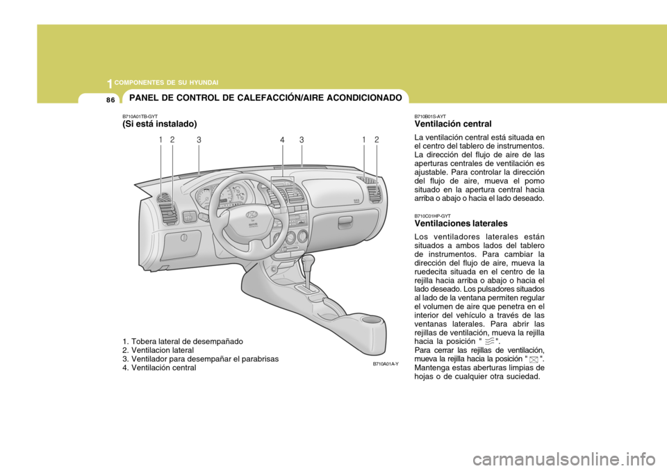 Hyundai Accent 2005  Manual del propietario (in Spanish) 1COMPONENTES DE SU HYUNDAI
86PANEL DE CONTROL DE CALEFACCIÓN/AIRE ACONDICIONADO
B710A01A-Y
1. Tobera lateral de desempañado 
2. Ventilacion lateral 
3. Ventilador para desempañar el parabrisas 
4. 
