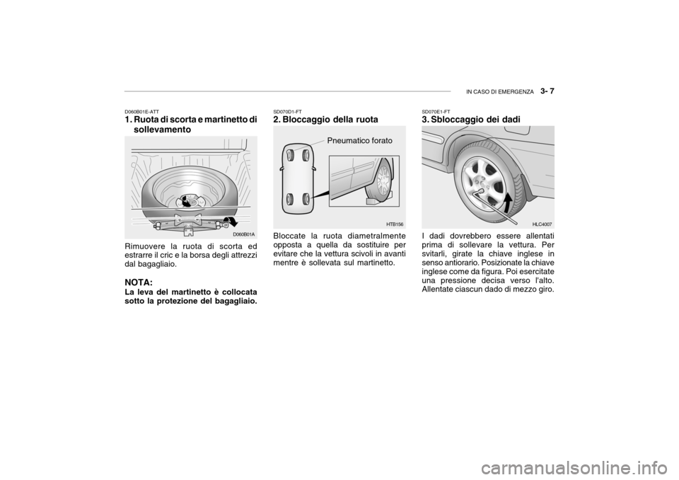 Hyundai Accent 2004  Manuale del proprietario (in Italian) IN CASO DI EMERGENZA   3- 7
HTB156
D060B01E-ATT 
1. Ruota di scorta e martinetto di
sollevamento
Rimuovere la ruota di scorta edestrarre il cric e la borsa degli attrezzi dal bagagliaio. NOTA: La leva