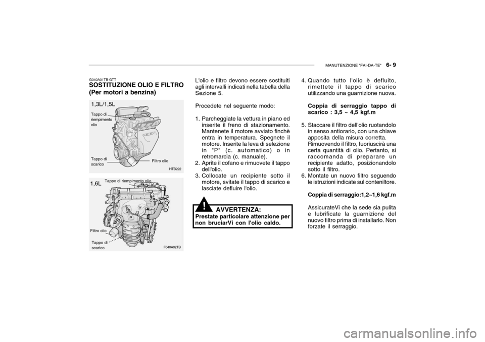 Hyundai Accent 2004 Manuale del proprietario (in Italian) MANUTENZIONE "FAI-DA-TE" 6- 9
F040A02TB
HTB222
G040A01TB-GTT
SOSTITUZIONE OLIO E FILTRO (Per motori a benzina) Lolio e filtro devono essere sostituiti agli intervalli indicati nella tabella della S Hyundai Accent 2004 Manuale del proprietario (in Italian) MANUTENZIONE "FAI-DA-TE" 6- 9
F040A02TB
HTB222
G040A01TB-GTT
SOSTITUZIONE OLIO E FILTRO (Per motori a benzina) Lolio e filtro devono essere sostituiti agli intervalli indicati nella tabella della S
