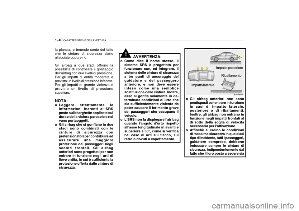 Hyundai Accent 2004 Manuale del proprietario (in Italian) 1- 40 CARATTERISTICHE DELLA VETTURA
B240A04A
Impatto posteriore
Impatto laterale Ribaltamento
o Gli airbag anteriori non sono predisposti per entrare in funzione in casi di impatto laterale,posterior Hyundai Accent 2004 Manuale del proprietario (in Italian) 1- 40 CARATTERISTICHE DELLA VETTURA
B240A04A
Impatto posteriore
Impatto laterale Ribaltamento
o Gli airbag anteriori non sono predisposti per entrare in funzione in casi di impatto laterale,posterior