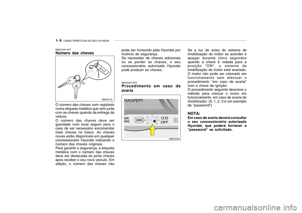 Hyundai Accent 2003 Manual do proprietário (in Portuguese) 1- 6 CARACTERÍSTICAS DO SEU HYUNDAI
B880D02A-GPT Procedimento em caso de
avaria
O número das chaves vem registado
numa etiqueta metálica que vem juntacom as chaves quando da entrega da viatura.
O Hyundai Accent 2003 Manual do proprietário (in Portuguese) 1- 6 CARACTERÍSTICAS DO SEU HYUNDAI
B880D02A-GPT Procedimento em caso de
avaria
O número das chaves vem registado
numa etiqueta metálica que vem juntacom as chaves quando da entrega da viatura.
O