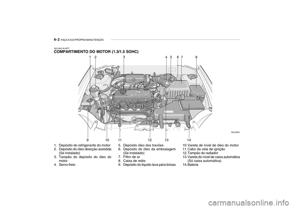 Hyundai Accent 2003  Manual do proprietário (in Portuguese) 6- 2  FAÇA A SUA PRÓPRIA MANUTENÇÃO
G010A01A-GPT
COMPARTIMENTO DO MOTOR (1.3/1.5 SOHC) 
1. Depósito do refrigerante do motor 
2. Depósito do óleo direcção assistida
(Se instalado)
3. Tampão 