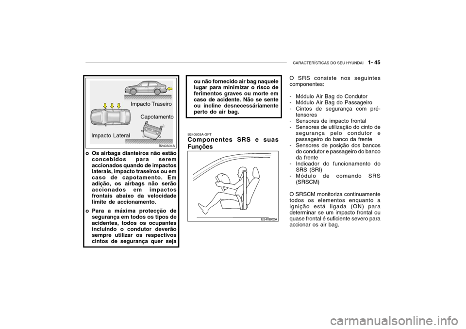 Hyundai Accent 2003  Manual do proprietário (in Portuguese) CARACTERÍSTICAS DO SEU HYUNDAI   1- 45
B240B03A-GPT Componentes SRS e suas
Funções O SRS consiste nos seguintes componentes: 
- Módulo Air Bag do Condutor 
- Módulo Air Bag do Passageiro 
- Cinto