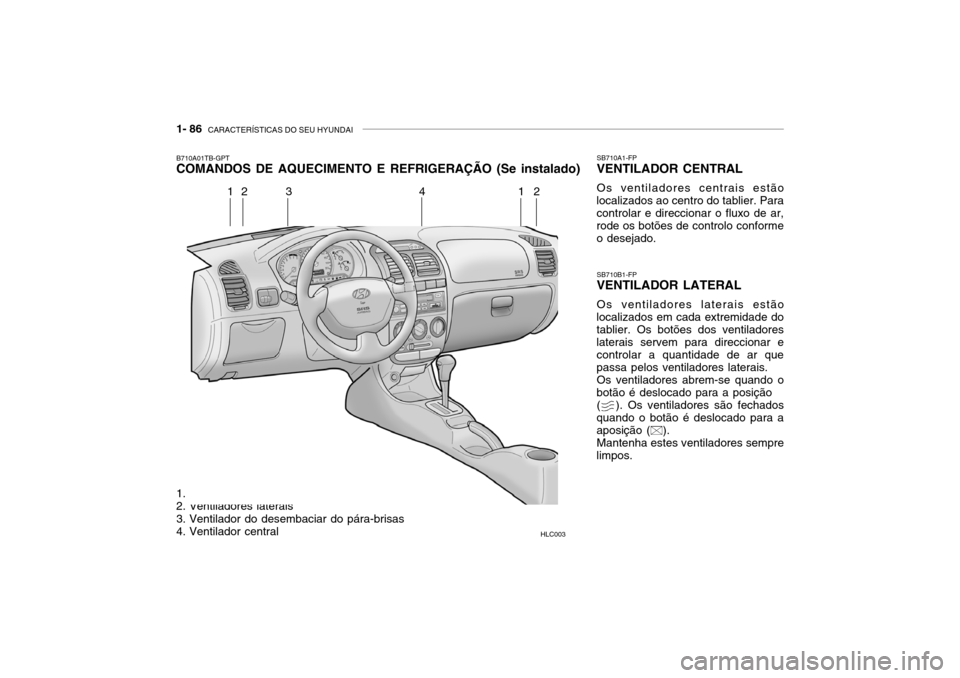 Hyundai Accent 2003  Manual do proprietário (in Portuguese) 1- 86  CARACTERÍSTICAS DO SEU HYUNDAI
B710A01TB-GPT COMANDOS DE AQUECIMENTO E REFRIGERAÇÃO (Se instalado)
SB710B1-FPVENTILADOR LATERAL Os ventiladores laterais estão
localizados em cada extremidad