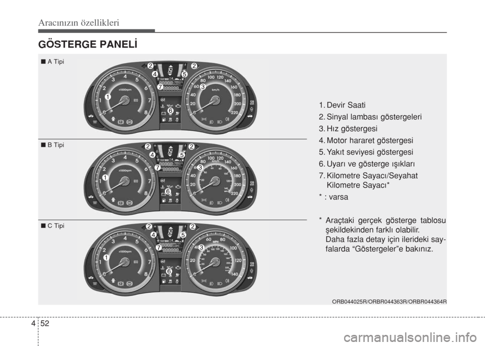 Hyundai Accent Blue 2014  Kullanım Kılavuzu (in Turkish) Aracınızın özellikleri
52 4
GÖSTERGE PANEL‹
1. Devir Saati 
2. Sinyal lambas› göstergeleri
3. H›z göstergesi
4. Motor hararet göstergesi
5. Yak›t seviyesi göstergesi
6. Uyar› ve gö