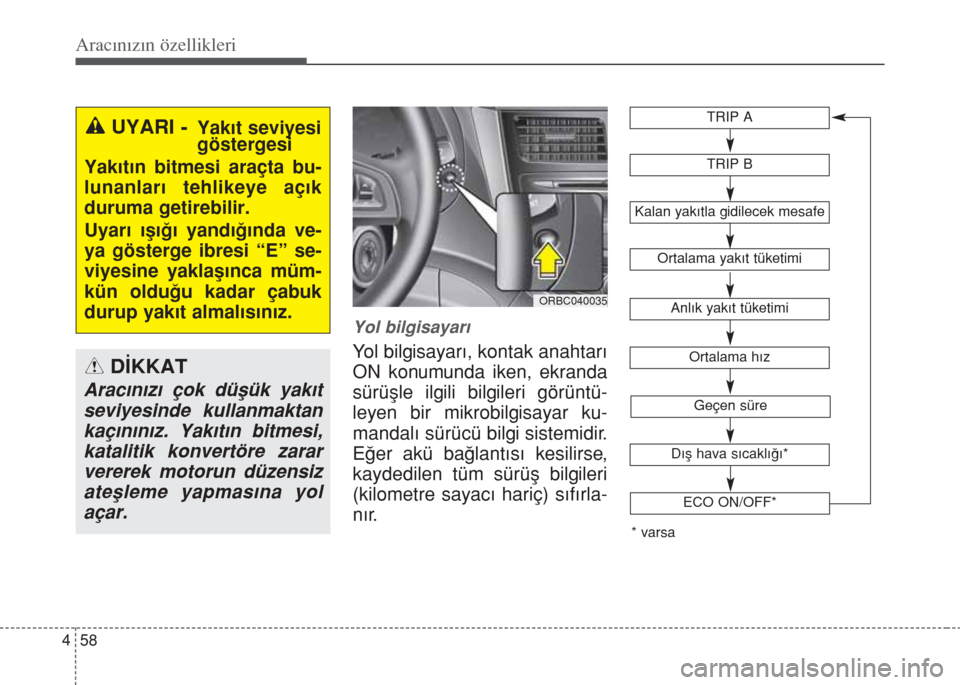 Hyundai Accent Blue 2014  Kullanım Kılavuzu (in Turkish) Aracınızın özellikleri
58 4
Yol bilgisayar›
Yol bilgisayar›, kontak anahtar›
ON konumunda iken, ekranda
sürüﬂle ilgili bilgileri görüntü-
leyen bir mikrobilgisayar ku-
mandal› sür