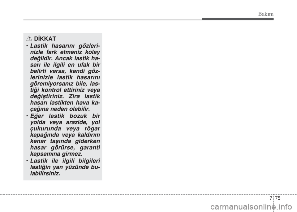 Hyundai Accent Blue 2014  Kullanım Kılavuzu (in Turkish) 775
Bakım
DİKKAT 
• Lastik hasarını gözleri-
nizle fark etmeniz kolay
değildir. Ancak lastik ha-
sarı ile ilgili en ufak bir
belirti varsa, kendi göz-
lerinizle lastik hasarını
göremiyors