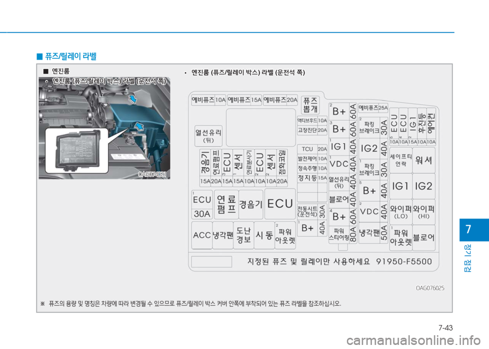 Hyundai Aslan 2017  아슬란 AG - 사용 설명서 (in Korean) 7-43
정기 점검
7
 0퓨즈/릴레이 라벨
OAG076025OAG076025
OAG074021OAG074021
※ 퓨즈의 용량 및 명칭은 차량에 따라 변경될 수 있으므로 퓨즈/릴레이 박스 커버 안