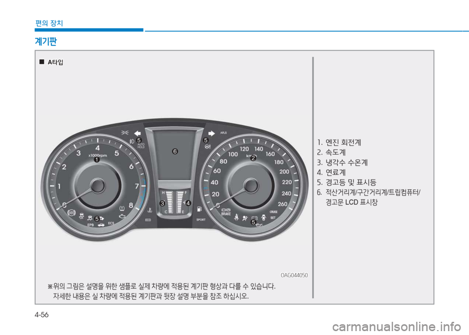 Hyundai Aslan 2015  아슬란 AG - 사용 설명서 (in Korean) 4-56
편의 장치
계기판
좌.   엔진  회전계
속 .  . L계
3 .  냉