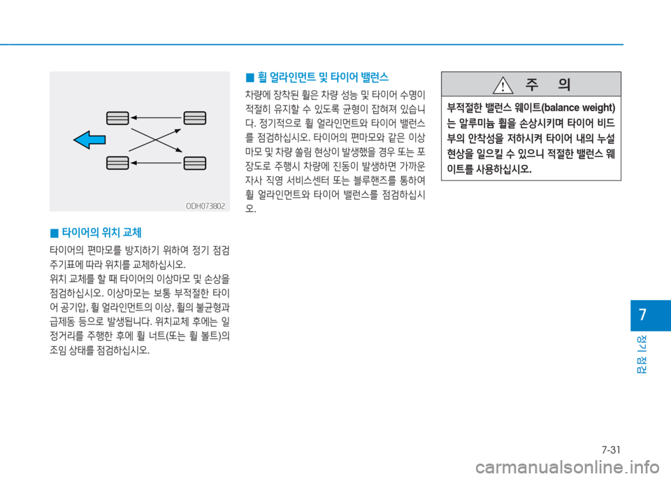 Hyundai Aslan 2015  아슬란 AG - 사용 설명서 (in Korean) 7-31
정기 점검
높
 
0 타이어의
 위치  교체
타이어의  편&P0를  방6HA