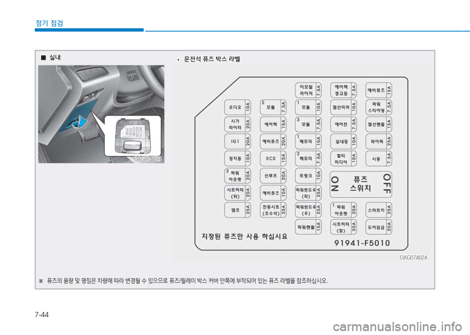 Hyundai Aslan 2015  아슬란 AG - 사용 설명서 (in Korean) 7-44
정기 점검
  0
0실내
실내
OAG074023
OAG074023
※  
퓨6의  용량  및  명칭은  8