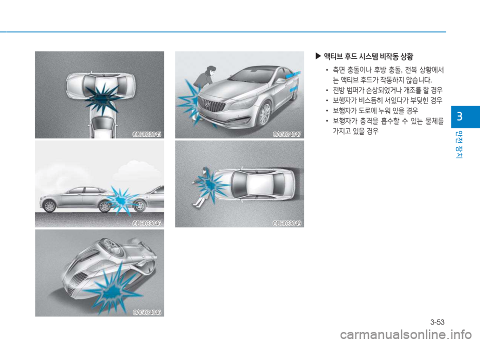 Hyundai Aslan 2015  아슬란 AG - 사용 설명서 (in Korean) 3-53
안전 장치
3
ODH033045ODH033045
ODH033046ODH033046
OAG034046OAG034046
OAG034047OAG034047
ODH033049ODH033049
 
▶
액티브  후드  /d스템  비4동  상황
 
•
 
측면  충돌3