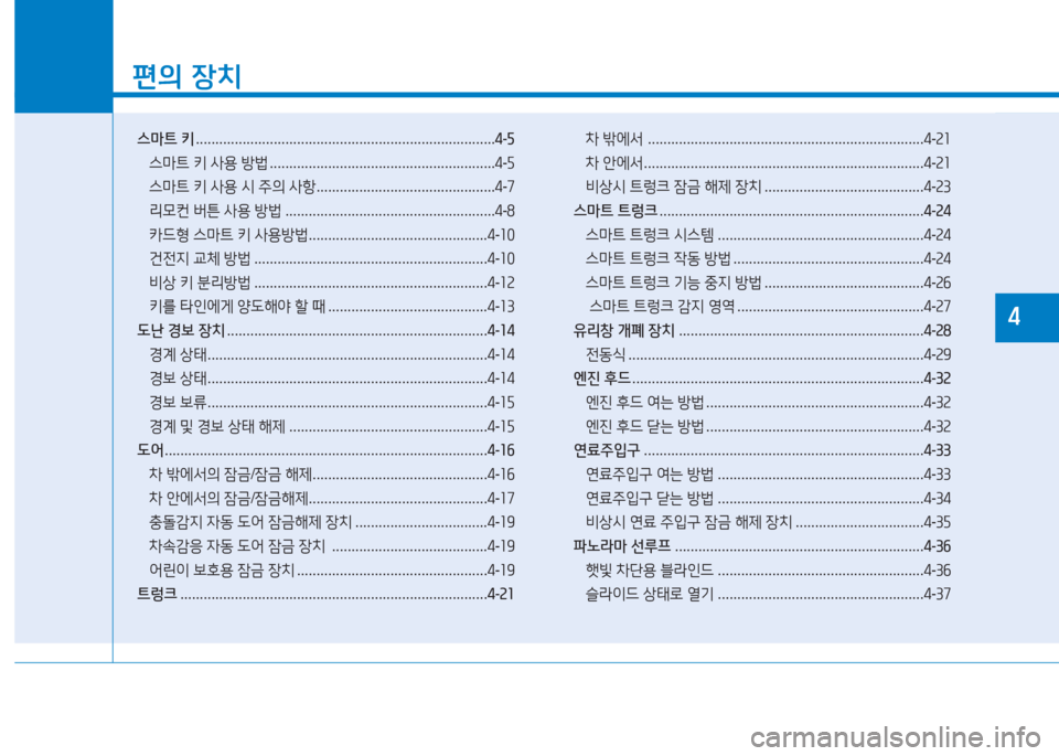 Hyundai Aslan 2015  아슬란 AG - 사용 설명서 (in Korean) 소
편의 장치
스마트  키  ............................................................................. 4-5
스&P?@  키  사용  방)  .......................................................