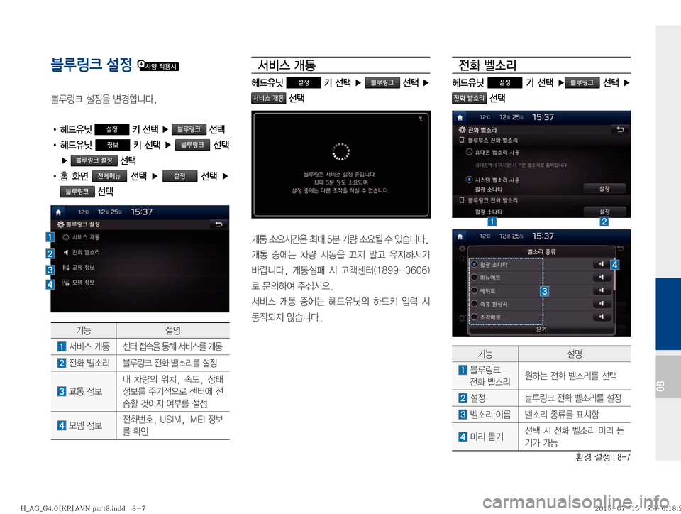 Hyundai Aslan 2015  아슬란 표준4 내비게이션 (in Korean) 
ƒ�¸
��*����
08
블루링크 설정�
6Bü�¸

8�øƒääî�
!Ÿ�ûX
,ë�
설정��¶��Ü�블루링크�¶
!Ÿ�ûX
,ë�
정보� � 