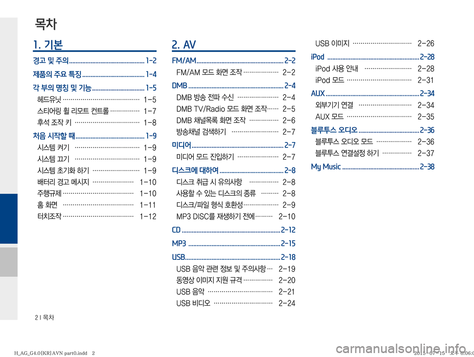 Hyundai Aslan 2015  아슬란 표준4 내비게이션 (in Korean) ���*�~0
1. 기본
경고 및 주의 .............................................. 1-2
제품의 주요 특징 ...................................... 1-4
각 부의 명칭 및 기능 ............