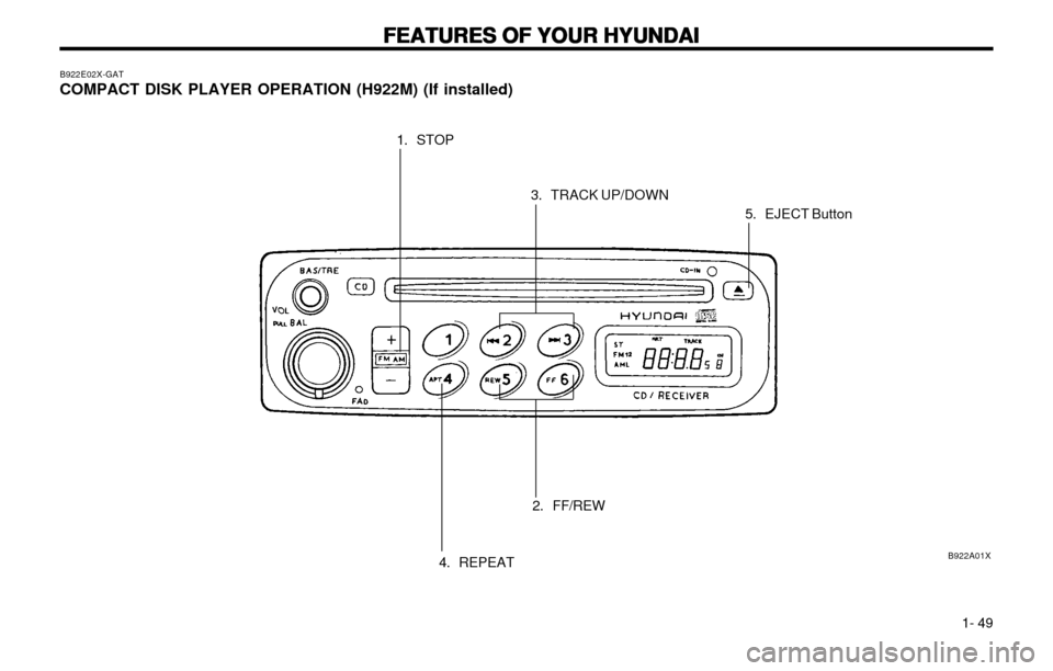 Hyundai Atos 2002  Owners Manual FEATURES OF YOUR HYUNDAI
FEATURES OF YOUR HYUNDAI FEATURES OF YOUR HYUNDAI
FEATURES OF YOUR HYUNDAI
FEATURES OF YOUR HYUNDAI
  1- 49
B922A01X
B922E02X-GAT COMPACT DISK PLAYER OPERATION (H922M) (If ins
