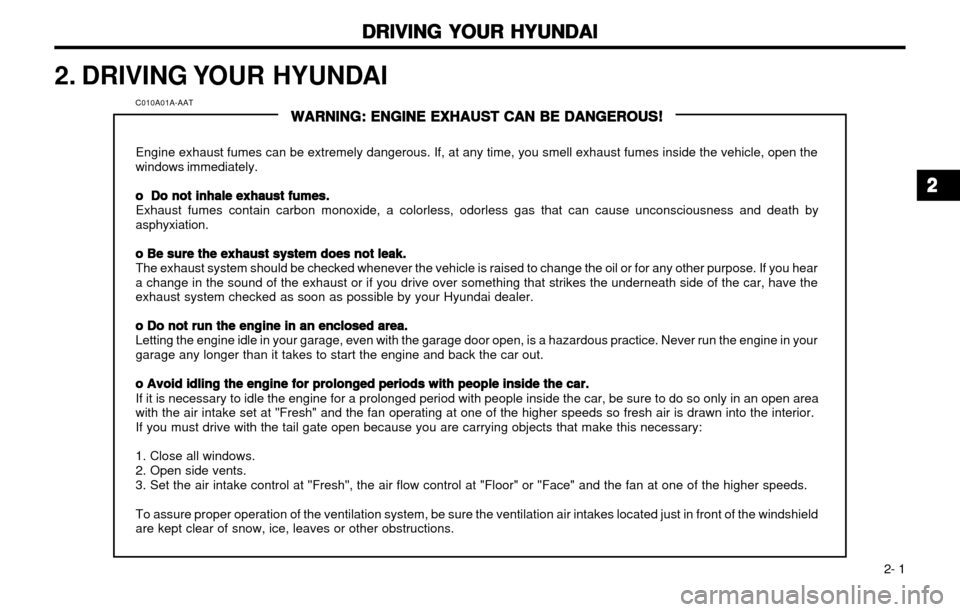 Hyundai Atos 2002  Owners Manual DRIVING YOUR HYUNDAI
DRIVING YOUR HYUNDAI DRIVING YOUR HYUNDAI
DRIVING YOUR HYUNDAI
DRIVING YOUR HYUNDAI
 2- 1
2. DRIVING YOUR  HYUNDAI
C010A01A-AAT
WARNING: ENGINE EXHAUST CAN BE DANGEROUS!
WARNING: 