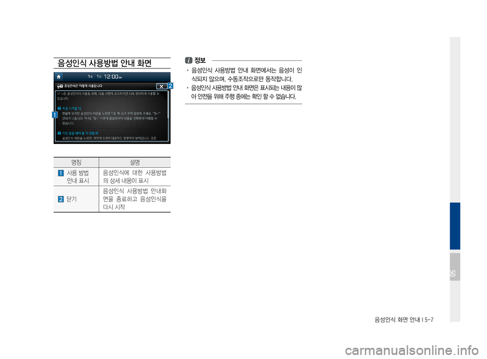 Hyundai Avante 2016  아반테AD 표준4 내비게이션 (in Korean) 음성인식 화면 안내 I 5-7
음 성인식 사 용방법 안내 화면
명칭설명
 사용방법
안내표시
음성인식에대한사용방법
의상세내용이표시
 닫기
음
