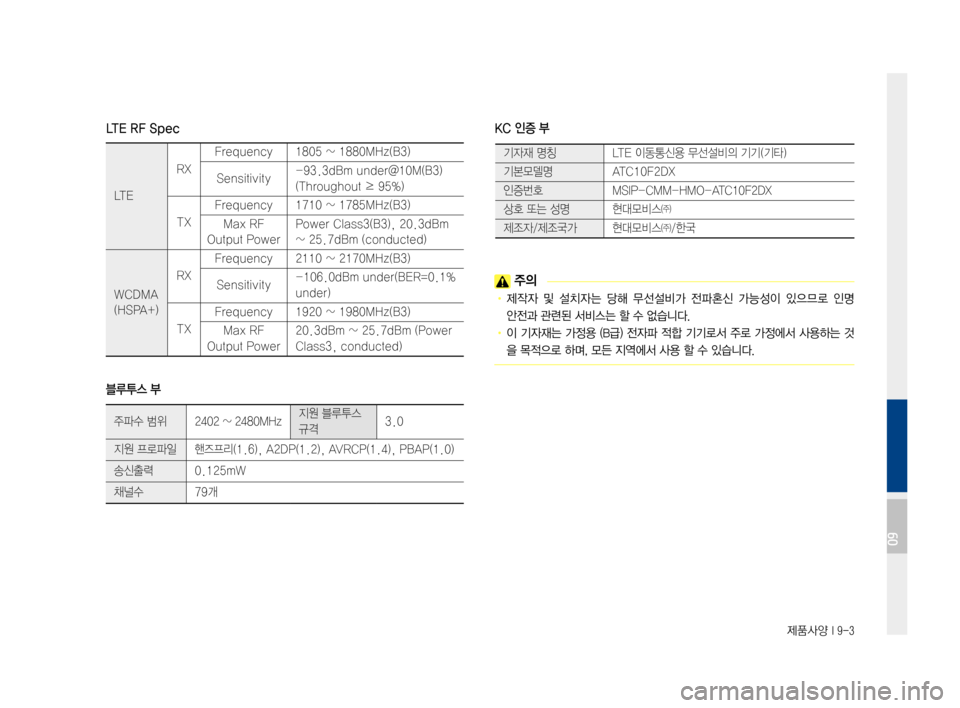 Hyundai Avante 2016  아반테AD 표준4 내비게이션 (in Korean) 제품사양 I 9-3
LTE RF Spec
블루투스 부
KC 인증 부
 주의
•	제작자	및	설치자는	 당해	무선설비가	 전파혼신	가능성이	있으므로	인명	
안전과	관련된	서비
