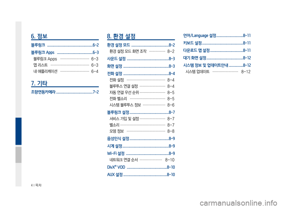 Hyundai Avante 2016 아반테AD 표준4 내비게이션 (in Korean) 4 I 목차
6. 정보
블루링크 ...................................................6-2
블루링크 Apps ........................................6-3
블루링크 Apps ……………………… Hyundai Avante 2016 아반테AD 표준4 내비게이션 (in Korean) 4 I 목차
6. 정보
블루링크 ...................................................6-2
블루링크 Apps ........................................6-3
블루링크 Apps ………………………