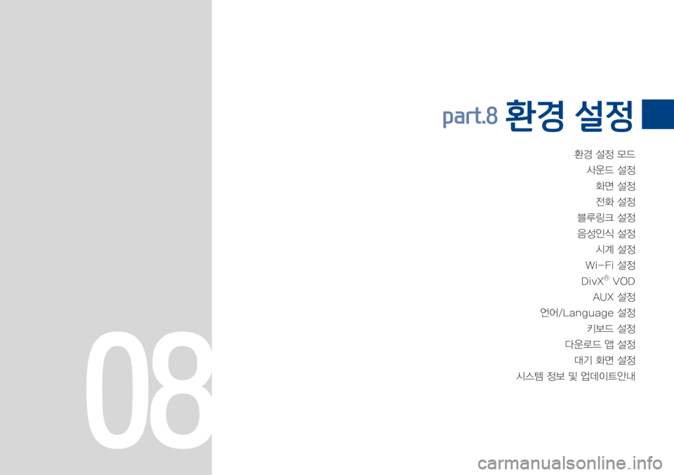 Hyundai Avante 2015  아반테AD 표준4 내비게이션 (in Korean) 환경설정모드
사운드설정
화면설정
전화설정
블루링크설정
음성인식설정
시계설정
Wi-Fi설정
DivXⓇVOD
AUX설정
언어/Language설정
키보드설